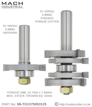 Mach Industrial MI-TG1375053125 tongue and groove router bit set for maximum stock thickness of 31.75mm (1-1/4"). Stacked slotting cutters factory assembled for perfect tongue and groove joinery. All replaceable components, brazed tungsten carbide.