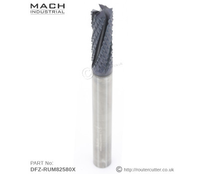 8mm Shank Mach Industrial DFZ-RUM82580X fine diamond burr cut router bits for composites. Nano coatings for extra hardness 4500Hv and harder nano grain tungsten carbide. Router bits for CFRP, GFRP, Honeycomb, Graphite and fibre Glass.