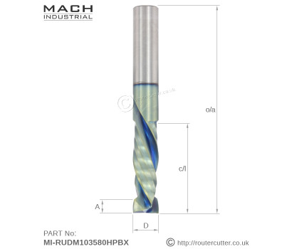 10mm Mach Industrial MI-RUDM103580HPBX with progressive DLC coating. Harder carbide 2+2 compression spiral for high finish on abrasive man made boards, high demand CNC nesting, materials like MDF, HDF, MFC, HPL, Laminates, Birch ply, bamboo, etc.
