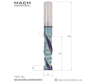 12mm Shank Mach Industrial MI-RUDM124590HPBX.  2+2 Compression Spiral Router Bit machined from harder grade tungsten carbide; includes a high tech nano coating. For CNC production cutting, MDF, HDF, MFC, hardwood and softwood, plywood, HPL, laminates