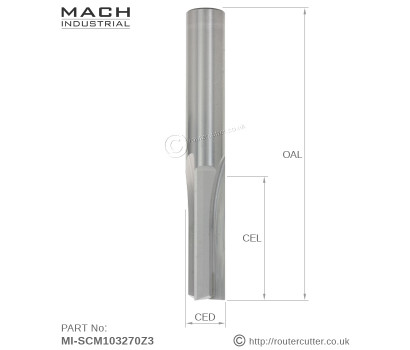 10mm Mach Industrial MI-SCM103270Z3 Solid Carbide Straight Cut 3 Flute Router Bit for optimised plunging and side milling. 3 Flute straight cut for faster CNC feedrates and smoother cuts in MDF, HDF, Plywood, chipboard, hardwoods, softwoods.